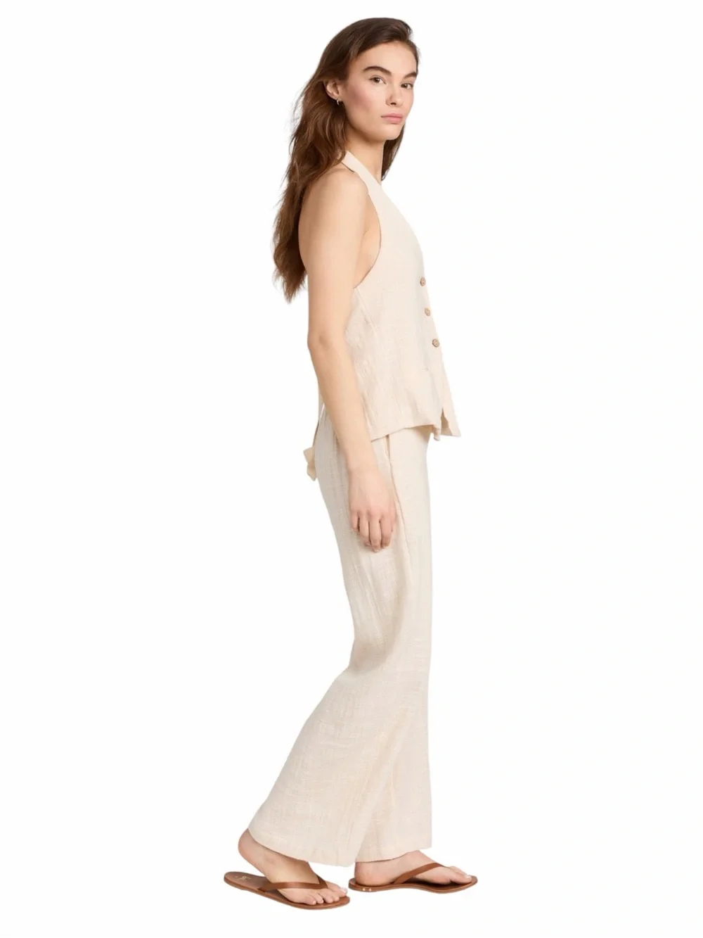 Free People Cream Linen-Blend Vest & Wide Leg Pants 2-Piece Set Size S